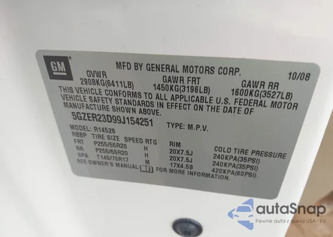 2009 Saturn Outlook Xr z USA, uszkodzony, nr VIN 5GZER23D99J154251